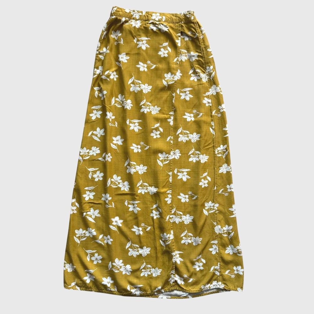 Billabong Womens Mustard Yellow Floral Faux Wrap Maxi Skirt M Boho Earthy Flowy